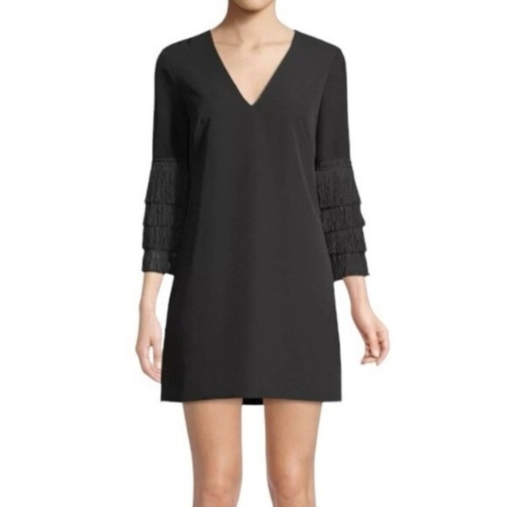 Milly Fringe Bell Sleeve V-Neck Shift Dress Womens 4 Black Made in USA LBD